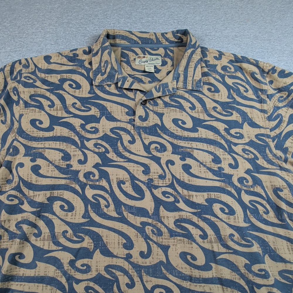 Crazy Shirts Hawaiian Polo Mens XXL Blue Tan Wave Scroll Print 100% Cotton Pique